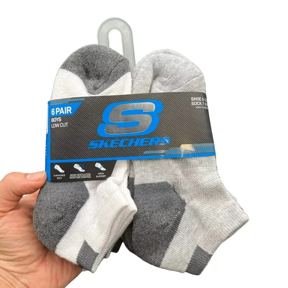 Skechers Litte-Youth‎ Boy's Low Cut Socks Shoe Size 9-3.5 White Gray (12 Pairs)